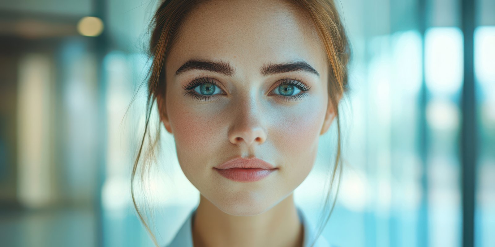 Close-up of a young woman with striking blue eyes and natural makeup in a modern urban setting during daylight